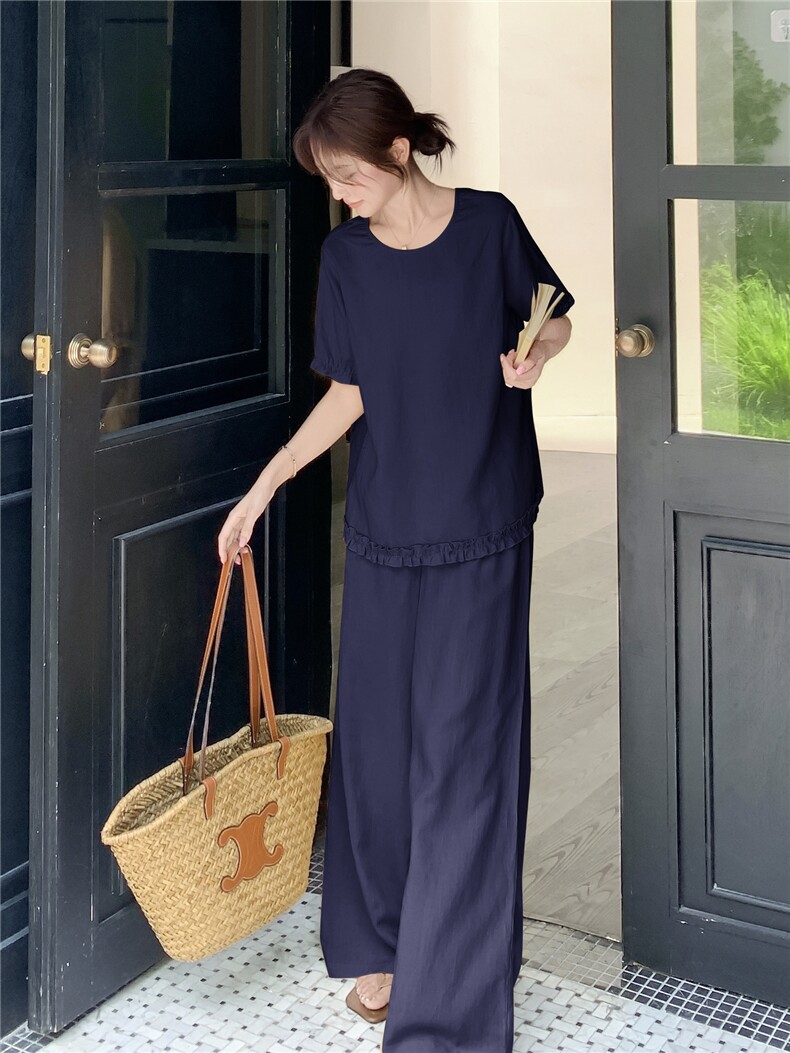 韩版木耳边短袖阔腿裤套装女2025年夏季新款休闲百搭松弛感两件套,女装套装/套裙,浙宝210（原浙宝191）