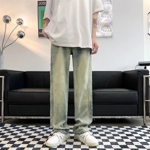 水洗做旧牛仔裤男美式复古拖地长裤浅色直筒设计感小众7241-p45图片