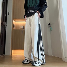 潮牌三条杠撞色运动休闲裤男秋冬直筒美式抽绳阔腿束脚裤K94-P39，男装休闲裤，星座1001-1