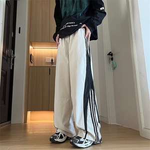 潮牌三条杠撞色运动休闲裤男秋冬直筒美式抽绳阔腿束脚裤K94-P39图片