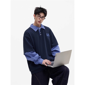 5626-P60美式学院风假两件POLO衫潮牌设计感衬衫领卫衣