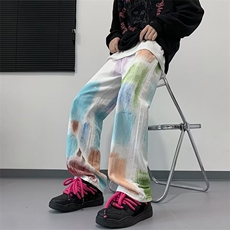 美式彩绘牛仔拖地裤男夏季2024新款高腰显瘦设计感K6033-P52，男装休闲裤，星座1109-3