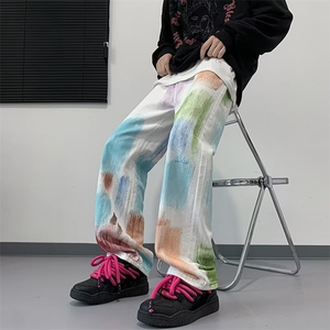 美式彩绘牛仔拖地裤男夏季2024新款高腰显瘦设计感K6033-P52,2021夏季时装穿搭男生图片