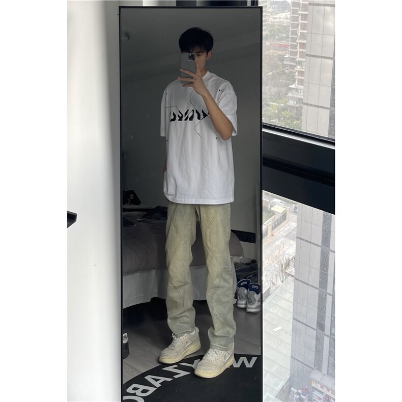 B221美式ins高街暗黑小众泥黄色休闲直筒牛仔裤LK23026-P60控78,男装牛仔裤,电商B221
