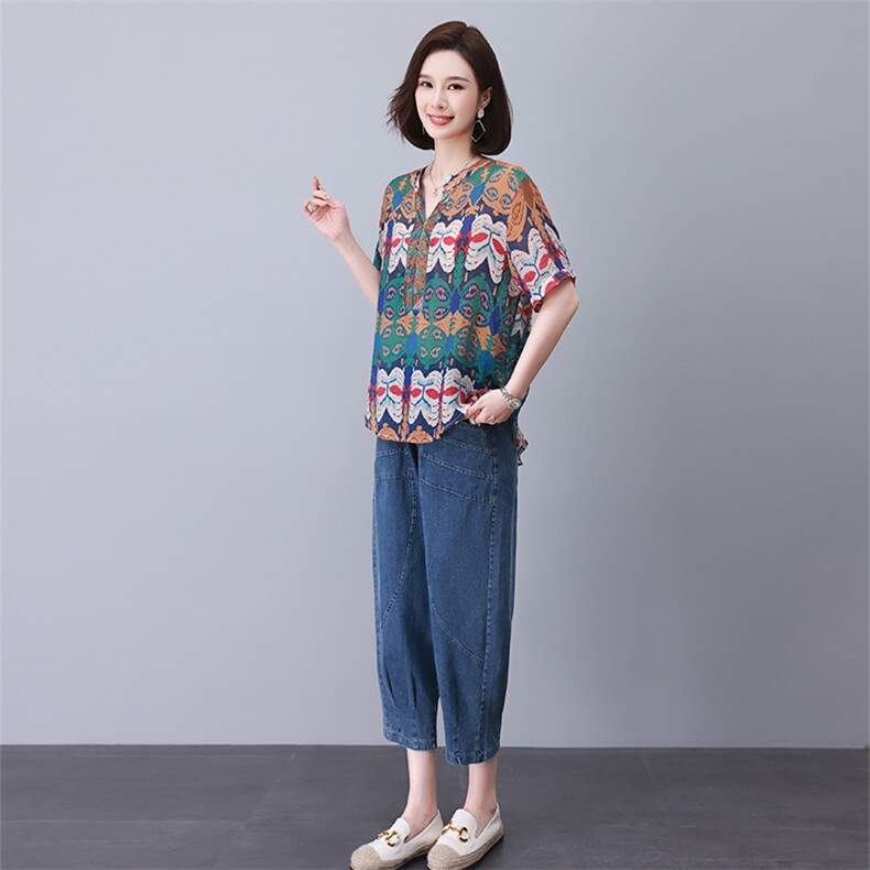 时尚休闲印花镶钻套装宽松显瘦大码女装舒适百搭两件套,女装套装/套裙,叶笙衣
