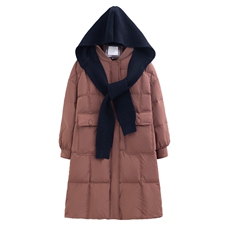 2023新款冬季宽松加厚保暖毛线针织拼接连帽长款羽绒服外套，女装羽绒服，瑶迪依秀