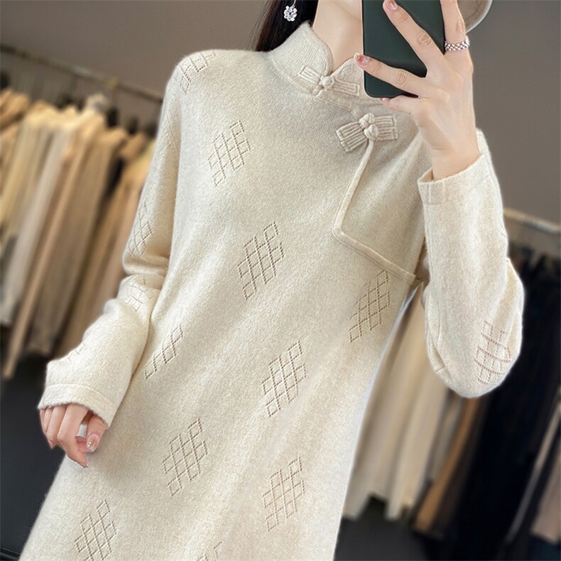 2024秋款优雅中长款旗袍宽松显瘦舒适针织连衣裙，女装汉服/婚纱/旗袍/礼服，恩尚羊绒