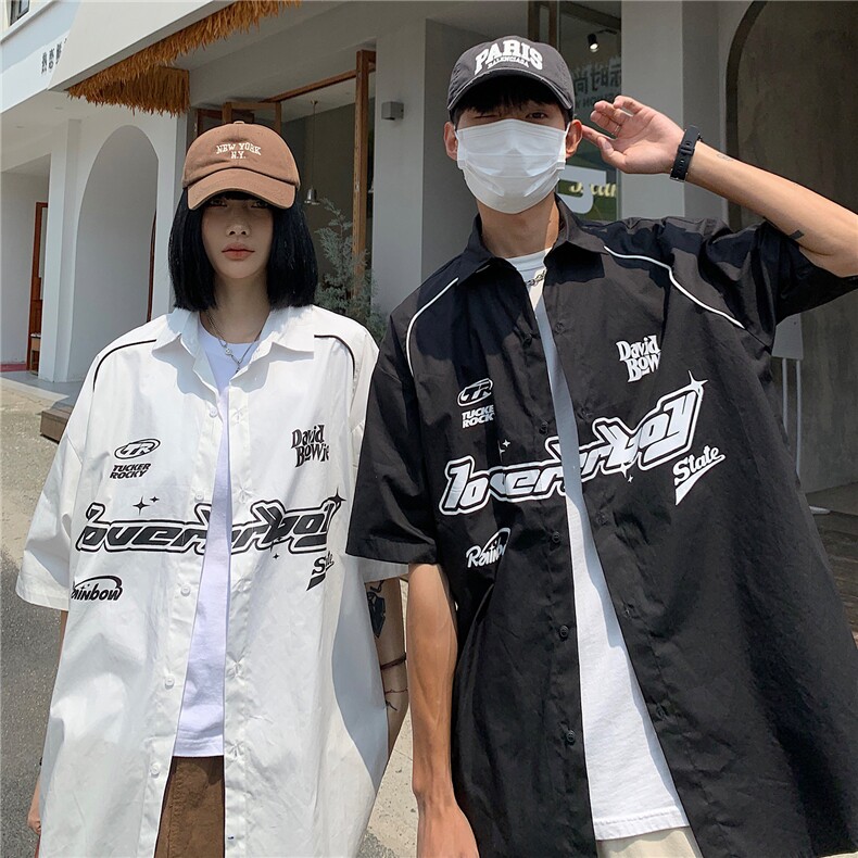 情侣装夏装新款机车字母印花织带短袖衬衫宽松男女港风潮D305P48,男装T恤,电商A335-1（原A458）