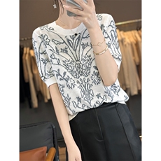 夏季新款纯棉圆领提花短袖女宽松百搭显瘦时尚休闲上衣，女装T恤，丽特绒