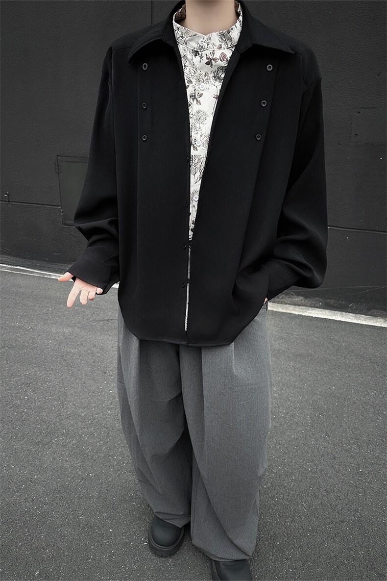 潮流男士花卉印花领翻领假两件休闲长袖衬衫上衣男潮特P52,男装衬衫,电商B319