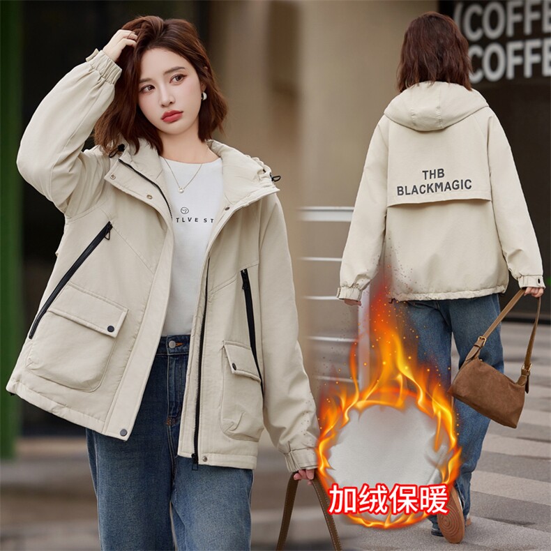 休闲连帽工装派克服棉衣女2024冬新款宽松防风保暖冲锋衣加绒外套图片