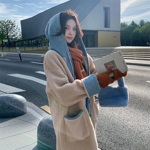 撞色拼接连帽羊羔毛外套女2025冬季新款韩系学院风小个子加厚棉服图片