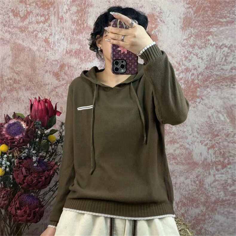 2025年秋季新款纯色配边针织女士帽衫时尚休闲通勤百搭,针织衫/毛衣,秋虹羊绒