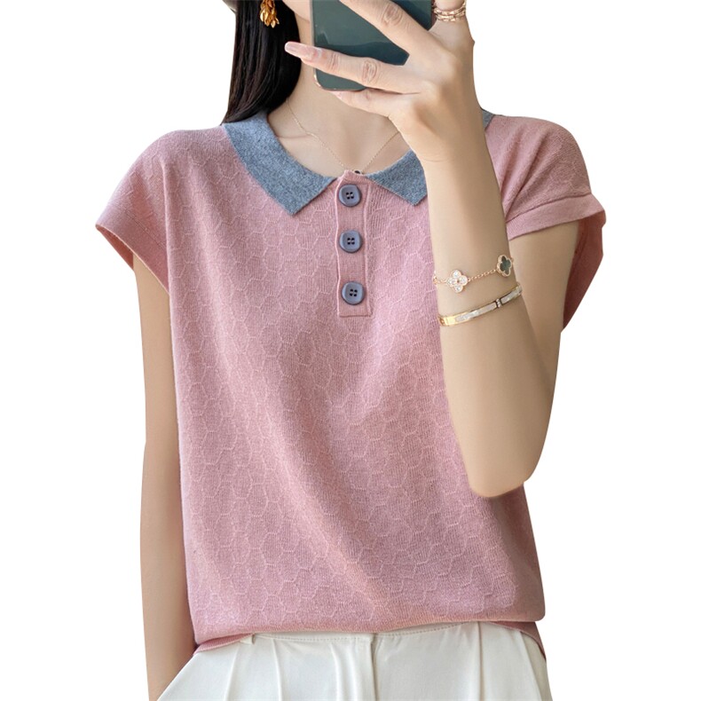 2025夏季新款女士气质polo衫短袖t恤女百搭薄款针织衫外搭宽松,女装T恤,源达羊绒