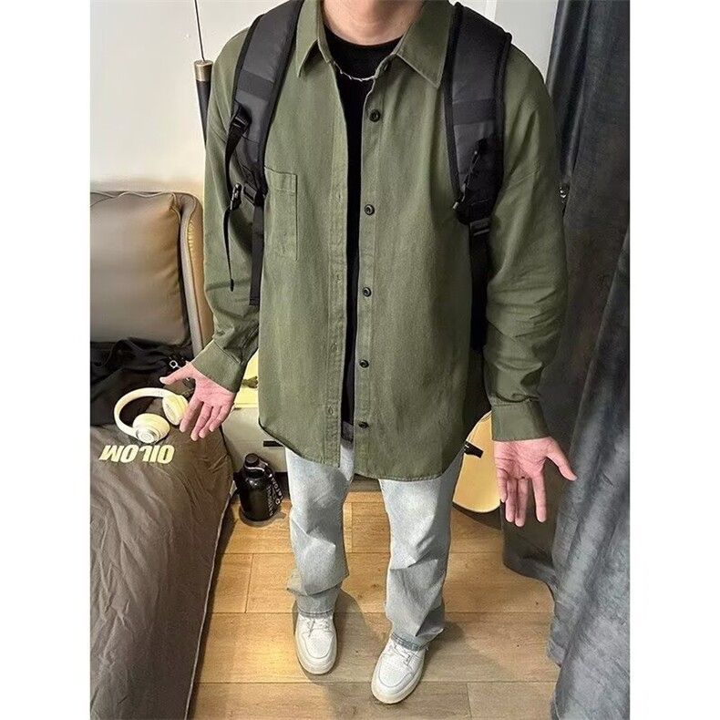 C09-P35山系军绿色工装衬衫男美式休闲冰丝宽松长袖衬衣,男装衬衫,电商B323A