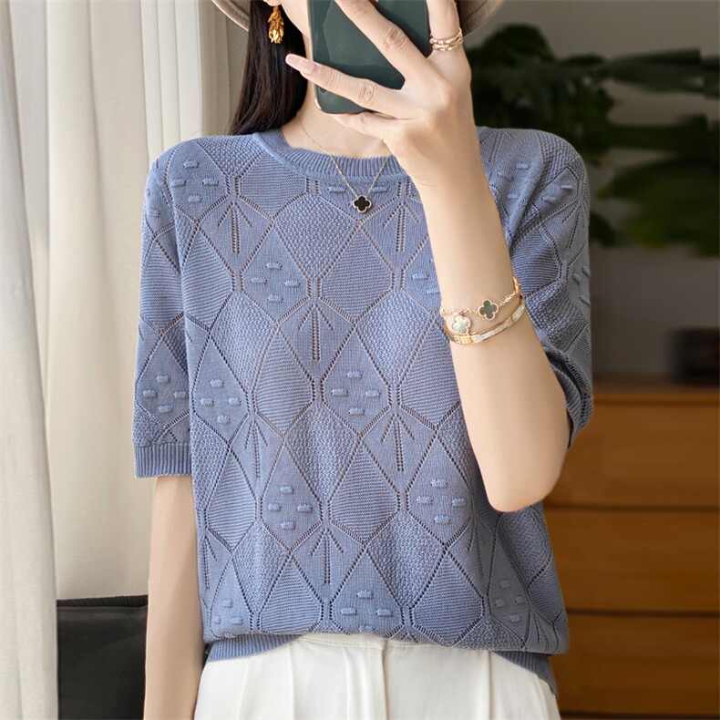 夏季新款竹节麻圆领针织短袖上衣女薄款镂空钩花打底宽松半袖T恤，女装针织衫/毛衣，大美人包芯纱店