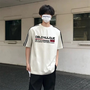 抖音得物高品质二开240克宽松纯棉美式潮牌三条杠织带短袖T恤图片