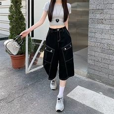 明线牛仔短裤女夏季新款美式多口袋裤子宽松阔腿七分裤，男装牛仔裤，星座506A