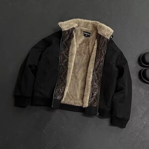 现货 美式宽松PU皮立领拼接座山雕短款棉服M0010/P105图片