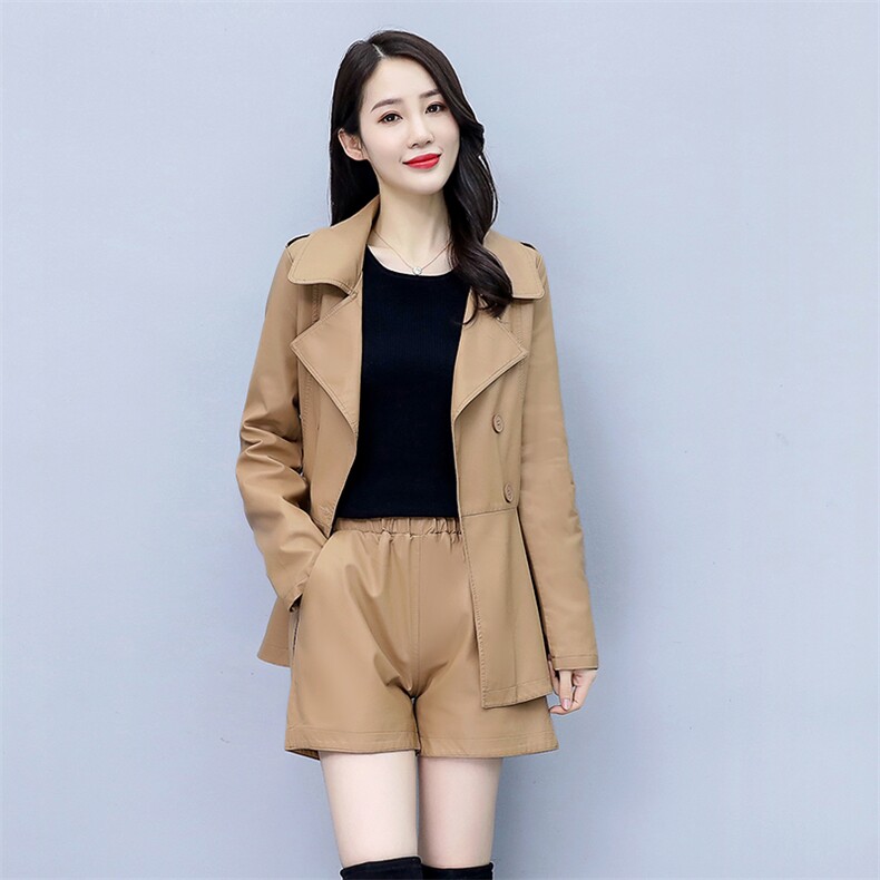 套裤女2021年冬季新款时尚减龄通勒百搭街头PU两件套,女装职业装,韩美纤衣