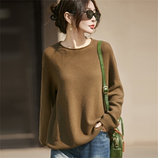 2025年秋季加厚纯色卷边圆领时尚百搭通勤简约休闲，女装针织衫/毛衣，秋虹羊绒