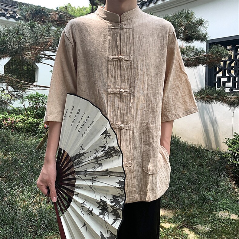 现货新中式亚麻短袖风棉麻中华立领盘扣衬衣MT8515-P38控58,男装T恤,星座205-5