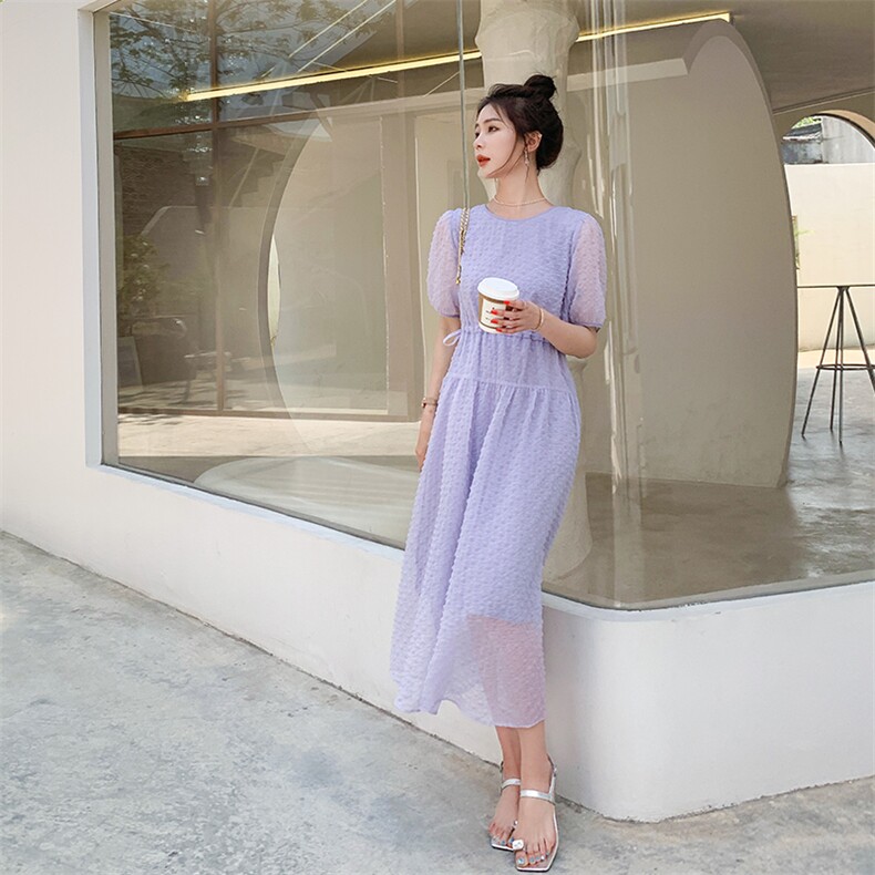 法式浪漫立体花连衣裙女中长款夏2025新款抽绳收腰泡泡纱仙女长裙图片