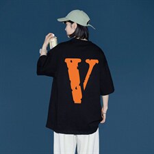 2024夏季新款宽松大码中性风橙色V男女运动短袖纯棉T恤T1912-P28,男装T恤,星座508（原C305）