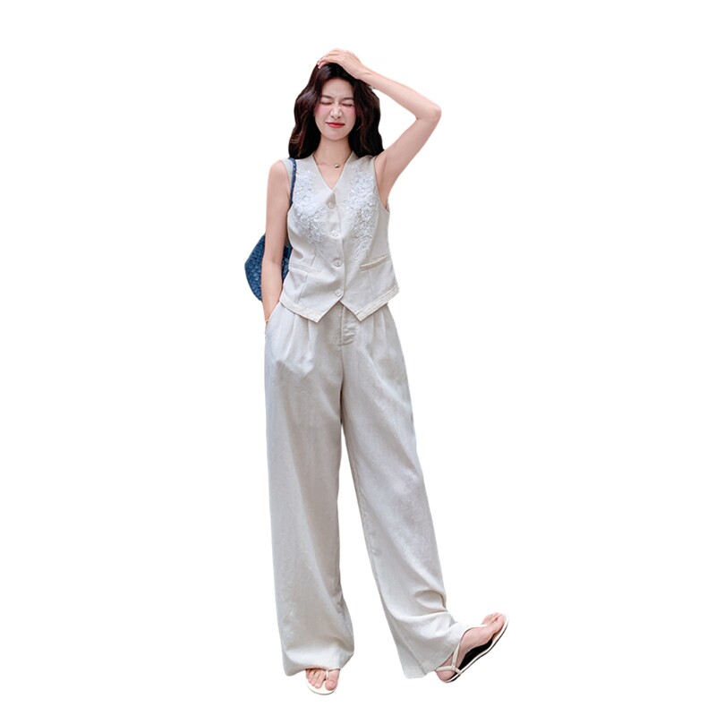 简约老钱风重工刺绣马甲阔腿裤套装女2026夏季显瘦超好看一整套,女装套装/套裙,流量+