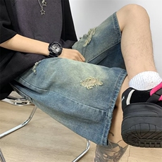 破洞牛仔短裤男宽松休闲复古水洗中裤夏季薄款五分裤N5251，男装牛仔裤，星座1116A-1（原606A）