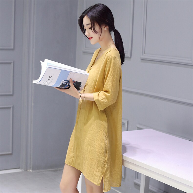纯色V领套头2021年夏季七分袖中长款直筒纽扣套装/套裙,女装套装/套裙,深水步