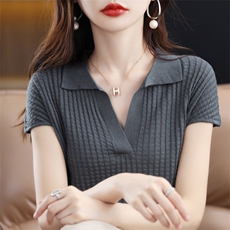 薄款短袖t恤女夏季2025年新款polo领体恤宽松针织衫短款上衣半袖，女装针织衫/毛衣，大美人包芯纱店
