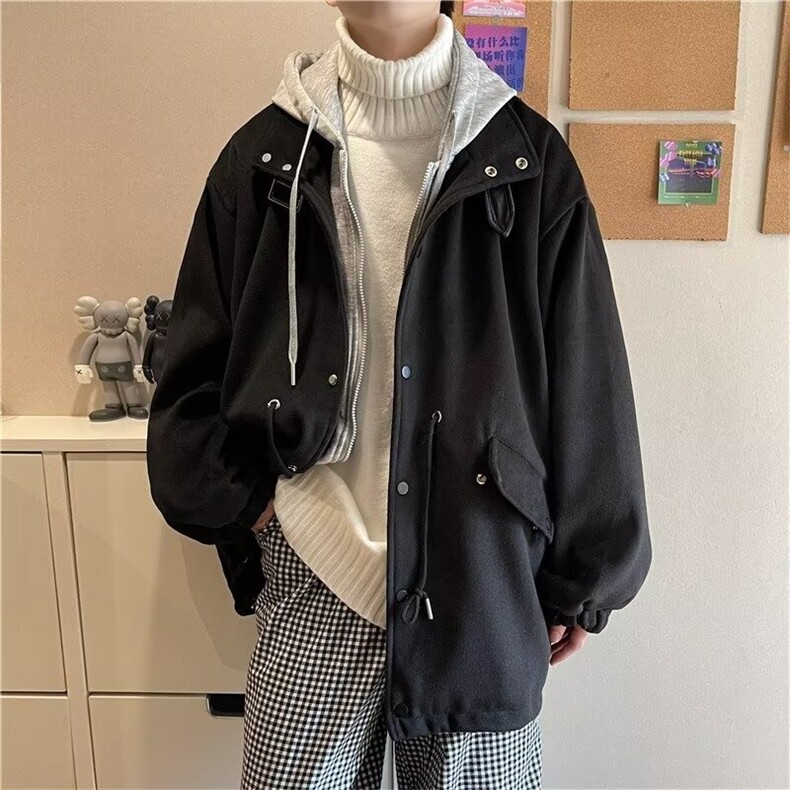 1506-1/GD110/P67假两件连帽外套男士套装春秋季韩版宽松毛呢大衣，男装毛呢大衣，星座1506A