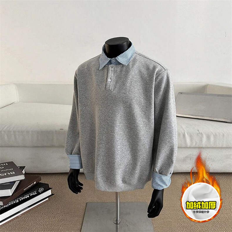 重磅加绒硬挺boxy男女美式高街假两件衬衫领长袖卫衣POLO领打底衫，男装T恤，电商A486