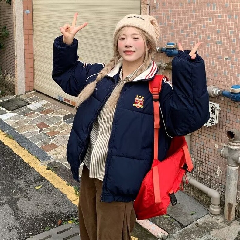 新款棉服女冬季复古藏青色宽松oversize学院风休闲百搭外套JK9003,男装棉衣,星座516A