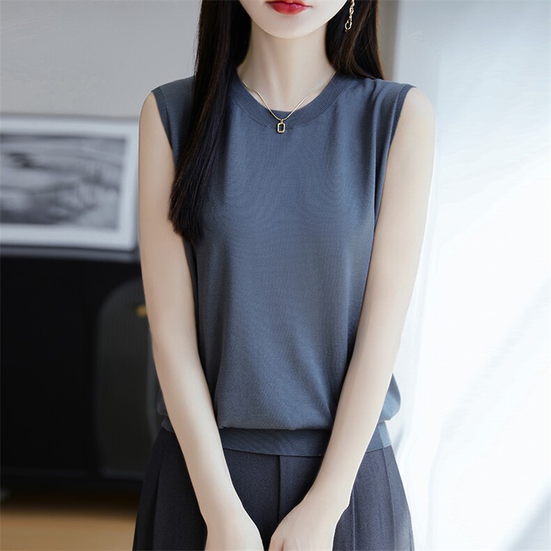 夏季新款简约休闲醋酸圆领无袖女士百搭时尚显瘦上衣,针织衫/毛衣,朝思羊绒
