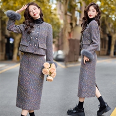 小香风套装女2026冬新款高端气质名媛千金轻奢羽绒毛呢半身裙穿搭，女装套装/套裙，雅静靓衣