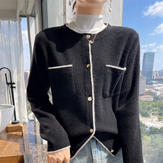 秋冬羊毛针织开衫女圆领撞色外套洋气宽松口袋毛衣外搭，女装羊毛衫，魅途羊绒