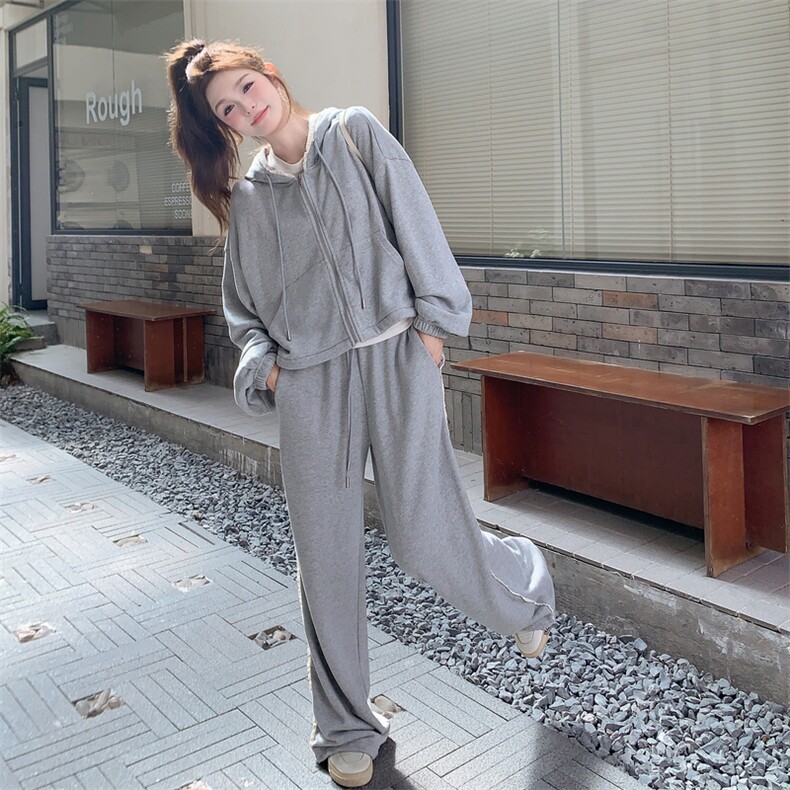 蕾丝花边灰色连帽开衫卫衣阔腿裤套装女春秋两件套爆款流行巨好看,女装短外套,2C372