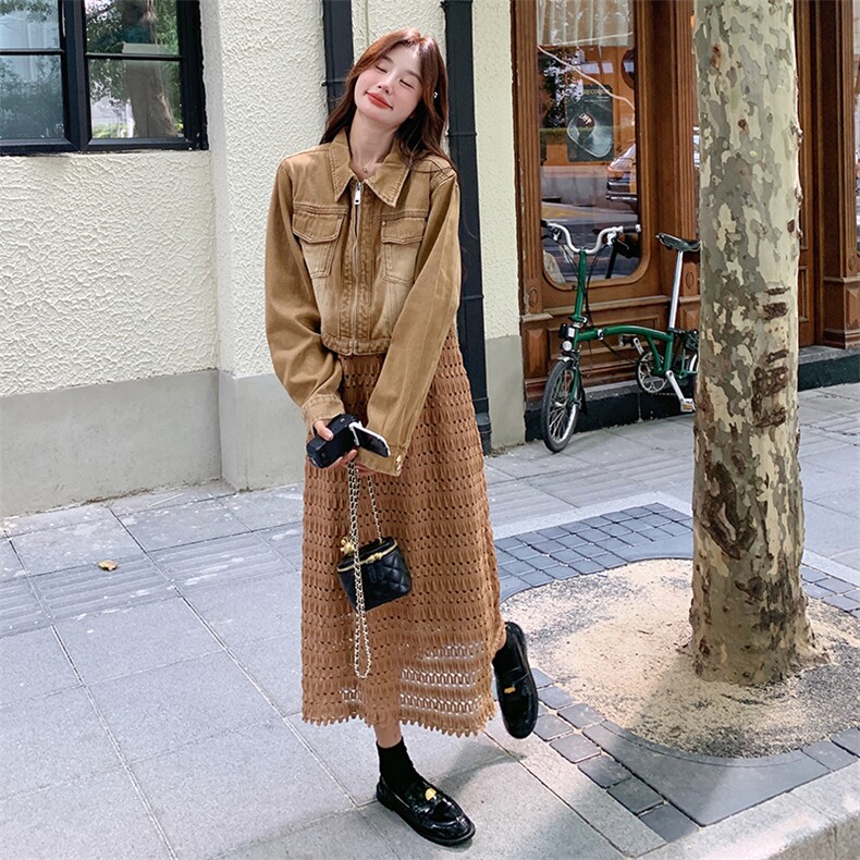 法式高级感设计镂空吊带连衣裙套装新款牛仔外套两件套,女装套装/套裙,帛锦泉