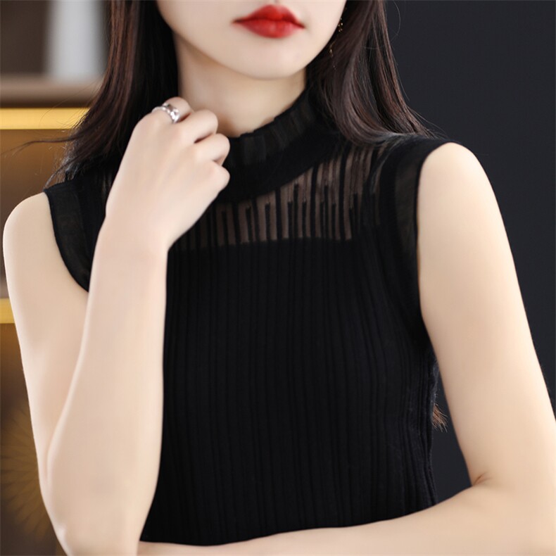 春季新款羊毛吊带背心女内搭木耳边蕾丝无袖上衣镂空打底衫,女装T恤,美吧服饰