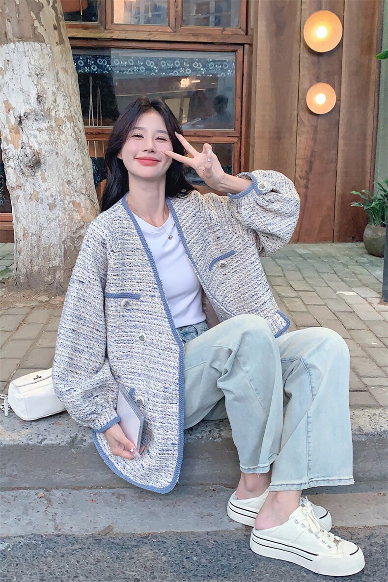 miu系灰蓝色小香风外套女春秋2025新款超火好看独特漂亮夹克上衣,女装毛呢外套,2C056