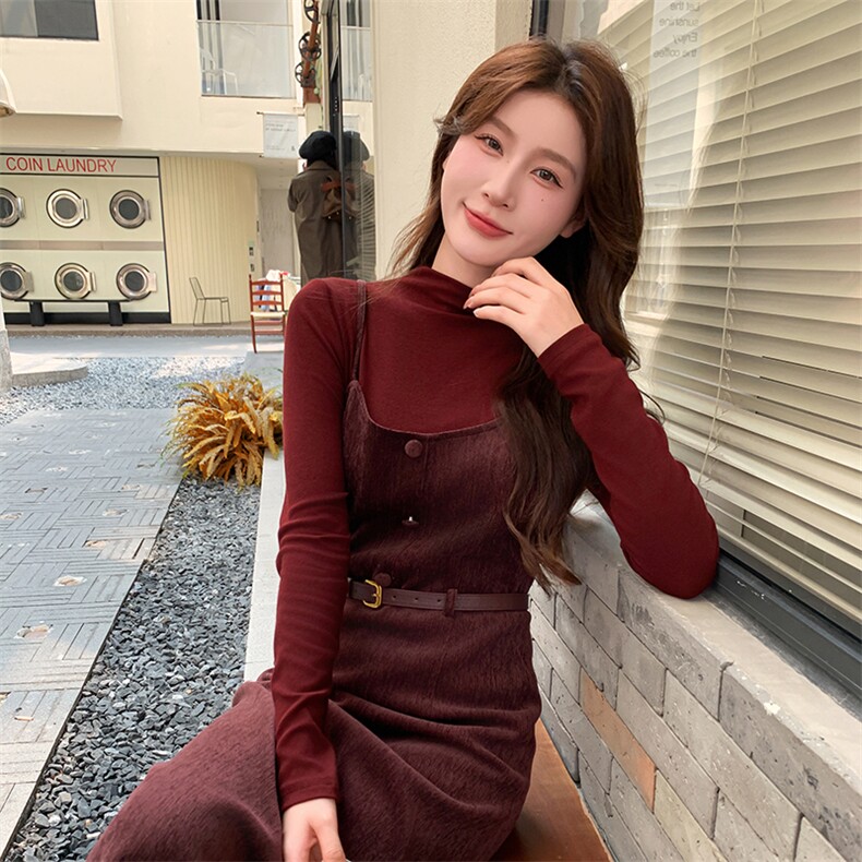 现货秋装新款连衣裙+针织上衣套装配腰带A19P155-K208,女装连衣裙,2D045