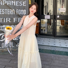 法式米白色无袖连衣裙女2025夏季新款超好看绝美温柔减龄显瘦长裙，女装连衣裙，2C260