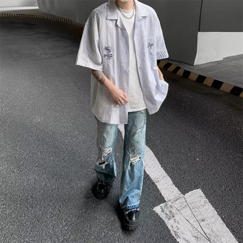复古竖条纹针织短袖衬衣男2024夏季潮流宽松半袖衬衫休闲,男装衬衫,星座716-4