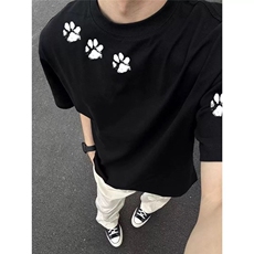 网图-三本针高品质猫爪设计小众印花圆领短袖T恤宽松男女2744-，男装T恤，电商C310-1