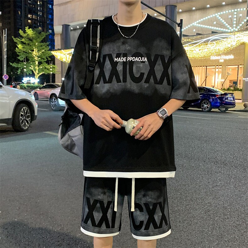 特批P50无差价夏新假菠萝格假两件字母印花设计感五分套装男TZ322,男装休闲套装,电商A001-1