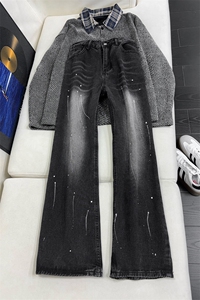 B221 美式ins高街暗黑喷墨宽松直筒牛仔裤LK24401-特P45控78图片