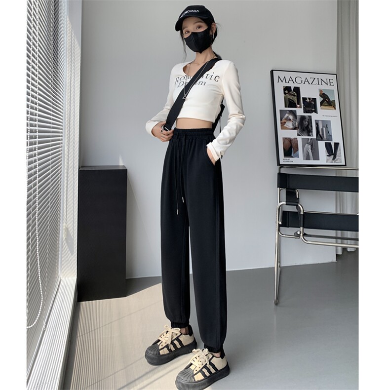 灰色运动裤女春秋2023年新款宽松束脚卫裤小个子休闲裤子潮,女装休闲裤,梦白服饰厂