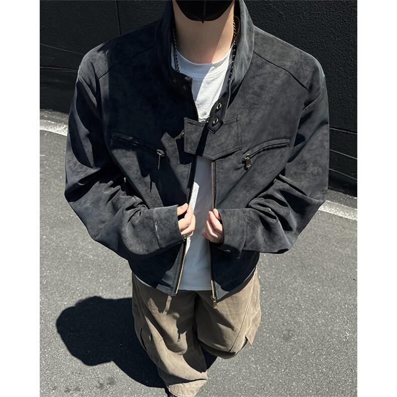JK9922-P75控128秋季老钱风短款宽松夹克外套男潮牌扎染垫肩皮衣,男装夹克,电商A058-1（原电商C417）